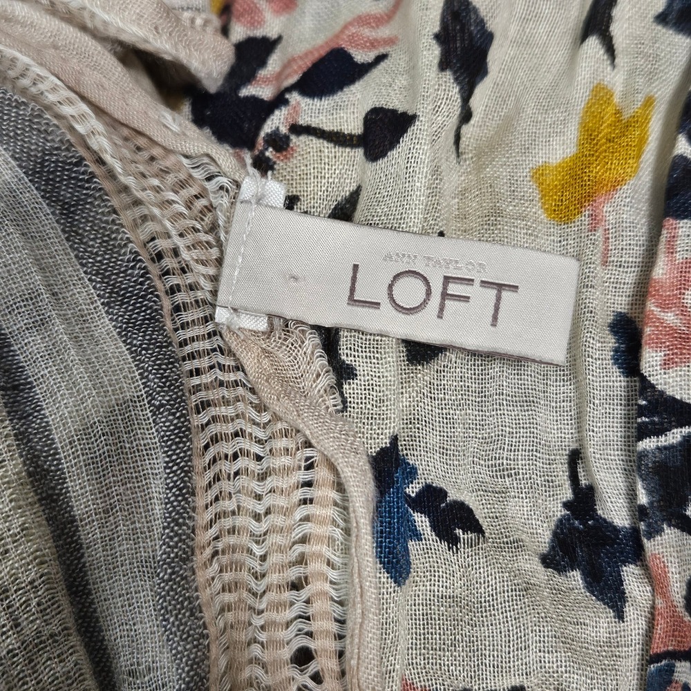 Ann Taylor LOFT Floral Scarf Cream Blue Pink Yellow Gauze Frayed Edge Boho Wrap - Picture 6 of 7